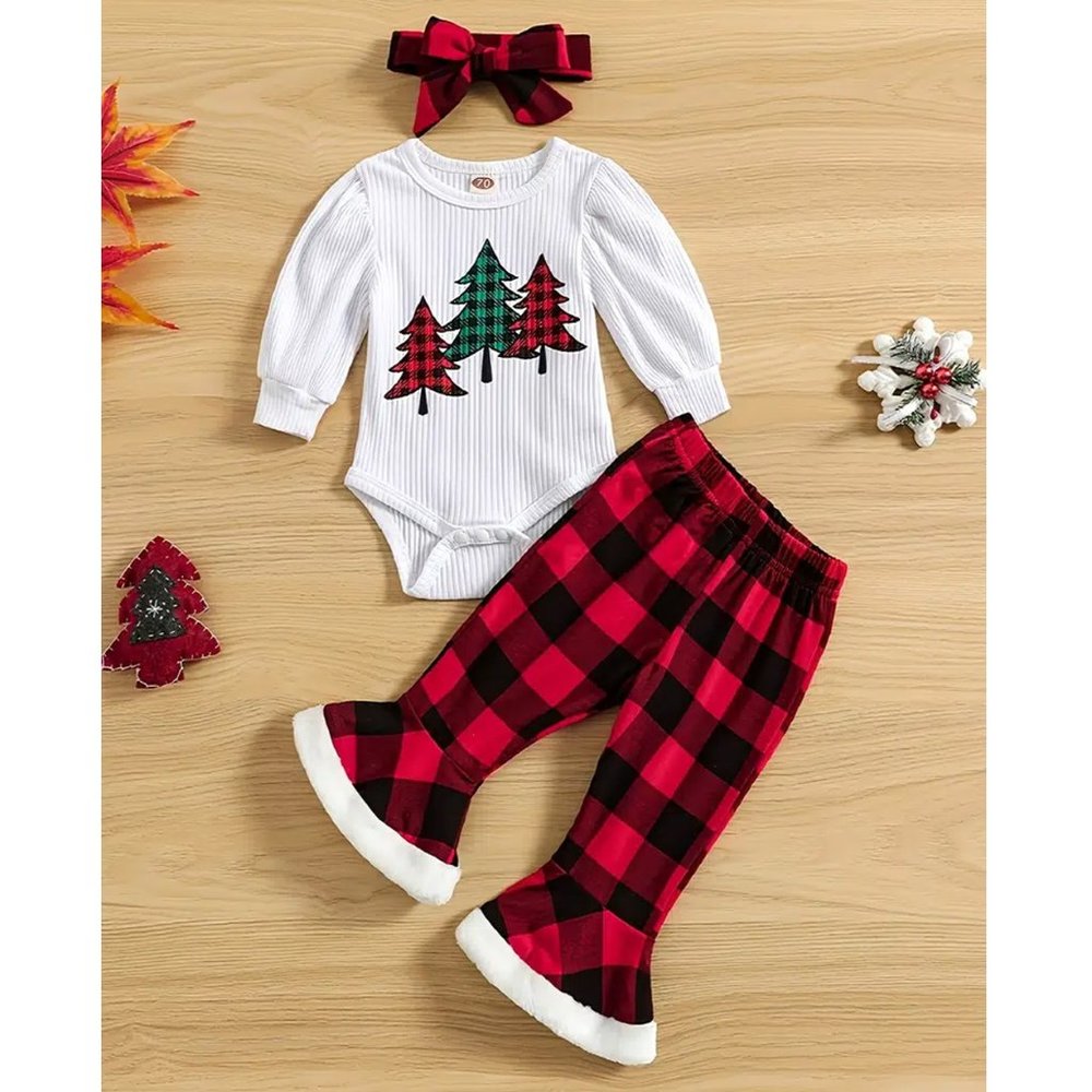 Christmas Tree Long Sleeve Bodysuit & Plaid Flared Pants & Headband Size 3-4Y🦋